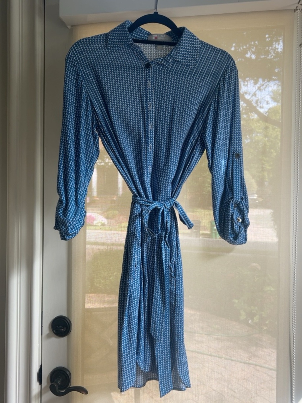 Tina Stephens Blue Geometric Belted Shirt Dress XS Rayon